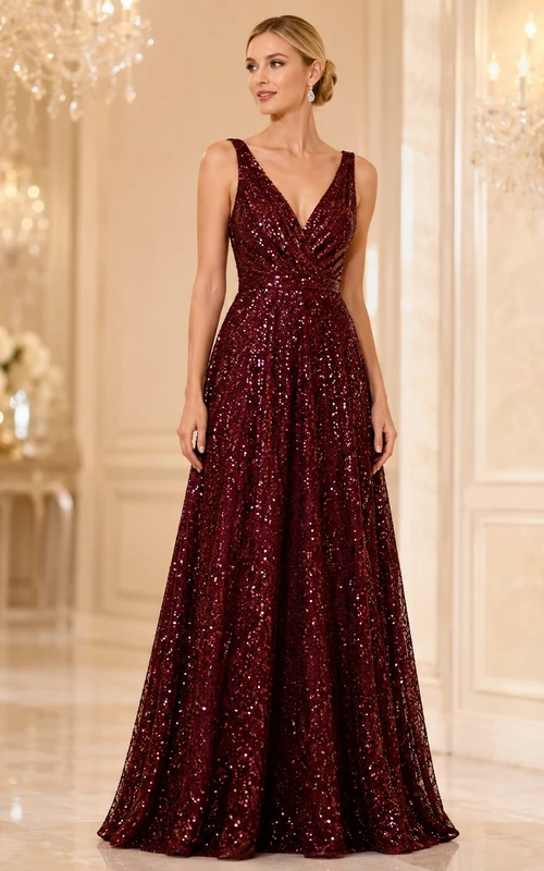 Burgunderfarbenes Pailletten-Abendkleid in A-Linie mit V-Ausschnitt