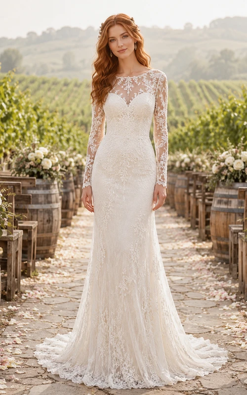 Robe de mariée fourreau en dentelle illusion à manches longues, style vignoble