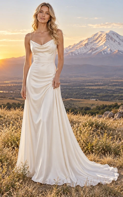 Vestido de novia sencillo de satén sin mangas con escote drapeado y cola.