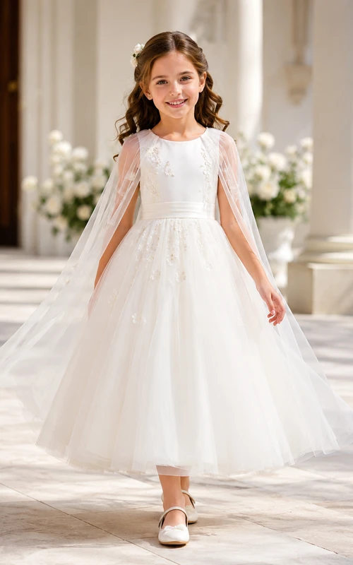 Weißes, perlenbesetztes Tüllcape, formelles Kommunionkleid für Blumenmädchen