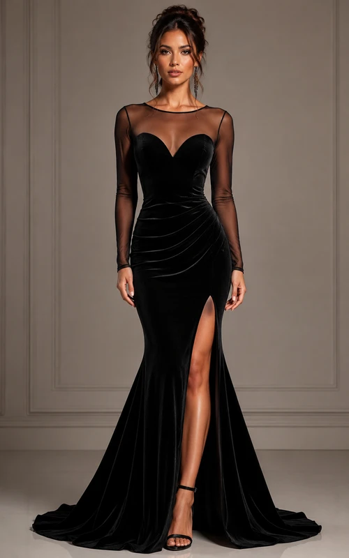 Black Velvet Prom Dress with Long Sleeves and Slit Mermaid Gown