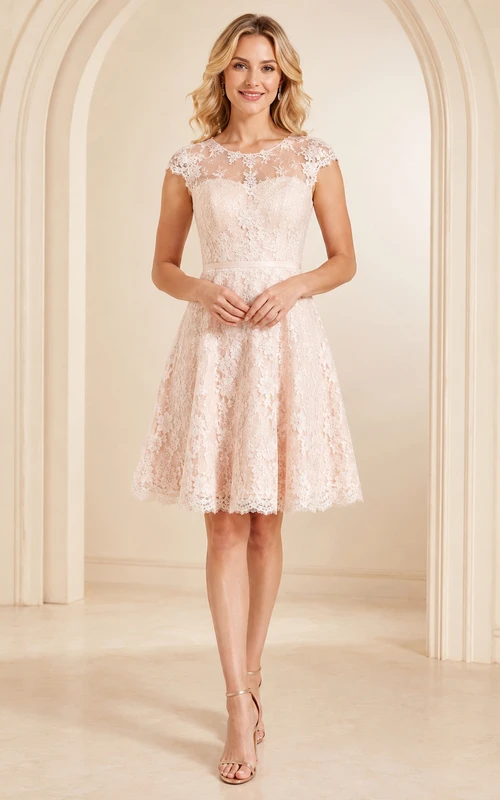 Vestido de cóctel de corte A con mangas cortas y encaje color rosa empolvado
