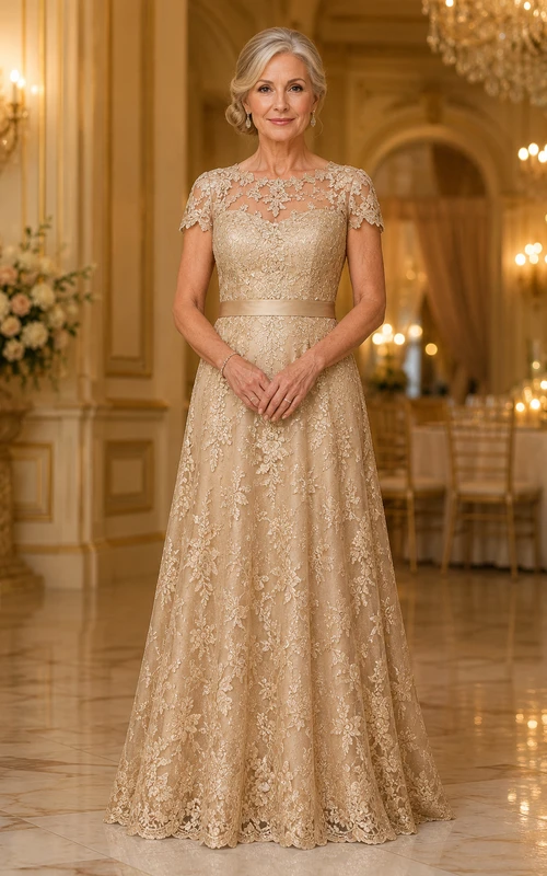 Champagnerfarbenes Pailletten-Spitzenkleid in A-Linie mit Illusionsausschnitt