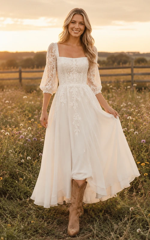 Square Neck Tea-Length Country Wedding Dress with Long Sleeves and Ruffles Casual Romantic A-Line Tulle