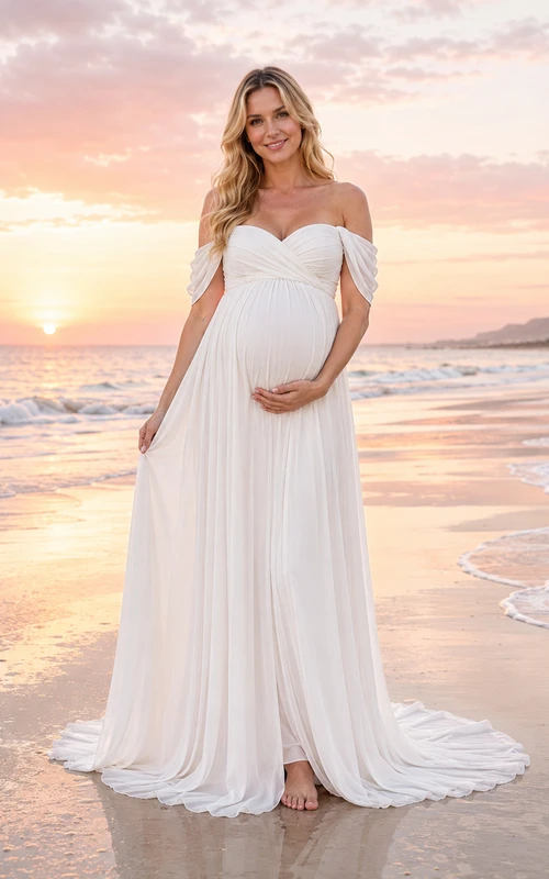 Vestido de novia premamá con hombros descubiertos, sencillo, corte en A, ideal para la playa, con cola.