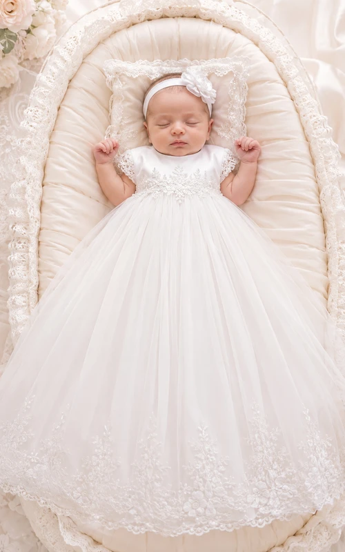Cap Sleeve Christening Gown A-Line Tulle Lace Jewel Neck Embroidered Hem