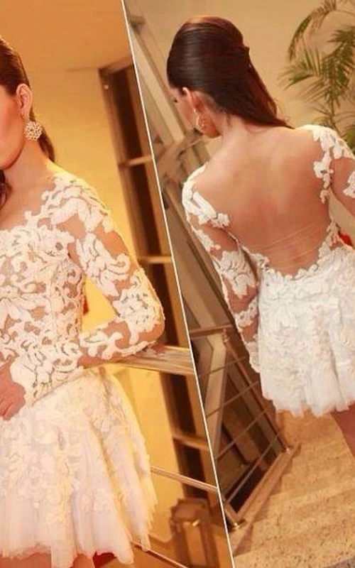 Elegante vestido corto de tul para fiesta de bienvenida con espalda descubierta y apliques.