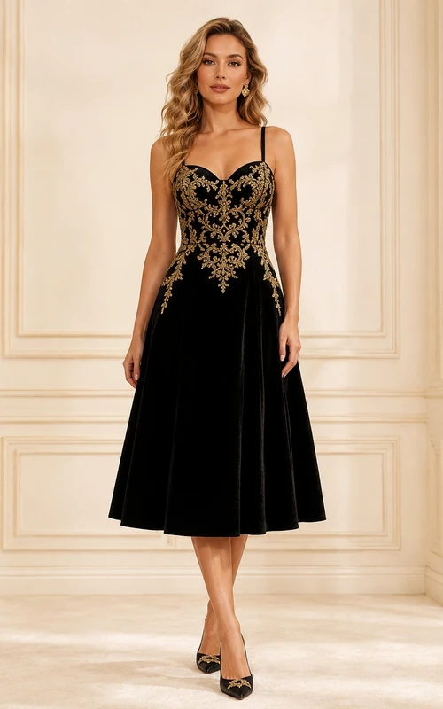 Black Gold Embroidered Sweetheart Spaghetti Velvet A-Line Tea-Length Formal Dress