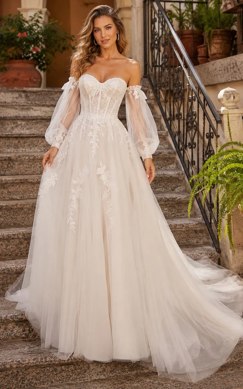 Romantic Off Shoulder Long Puff Lace Sleeve A Line Chapel Wedding Gown