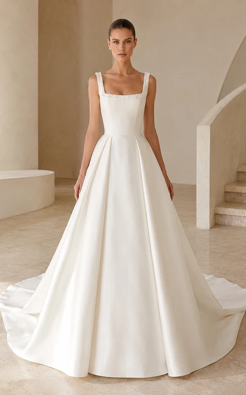 Robe de bal moderne en satin à col carré et bretelles perlées, traîne chapelle
