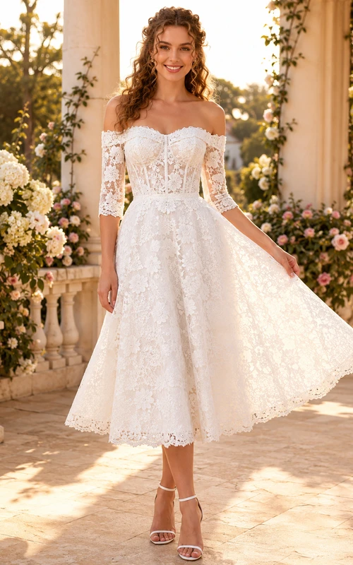 Vestido de novia romántico vintage de corte A, largo midi, con hombros descubiertos, mangas cortas y encaje, ideal para renovación de votos o para ocasiones especiales.