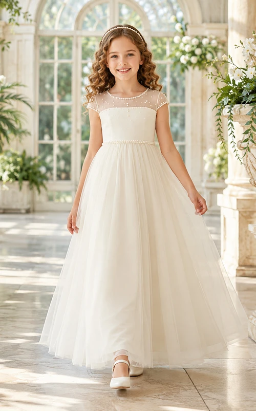 Vestido de comunión de tul transparente con canesú tipo barco y largo hasta los tobillos para niña de las flores.