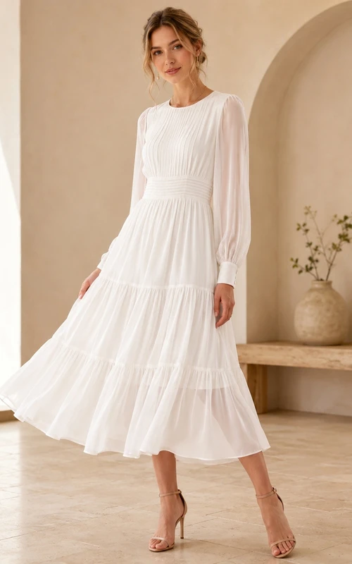 White Chiffon Jewel Neck Long Sleeve Pleated Tea-Length A-Line Dress
