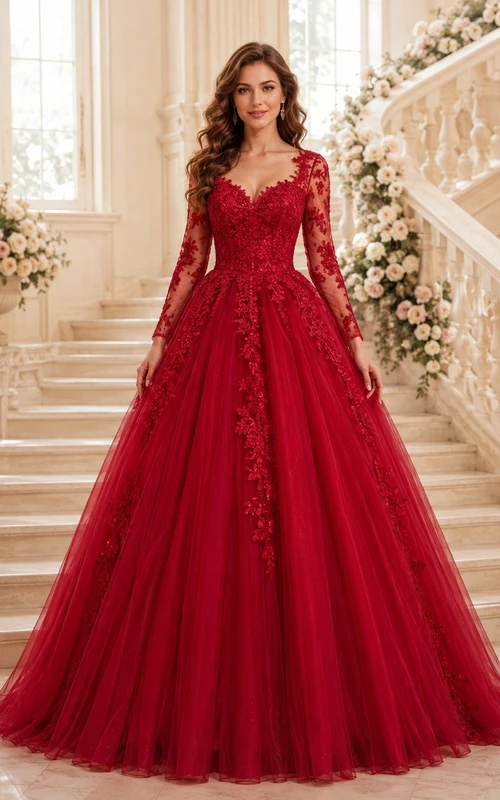 Burgundy Romantic Luxury V-Neck Long-Sleeve Tulle-Lace Tiered Ball-Gown Floor-Length Evening Dress