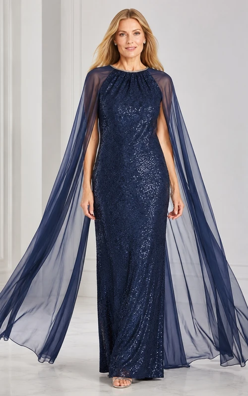 Dark Navy High Neck Sequined Cape Sheath Floor-Length Luxury Evening Gown