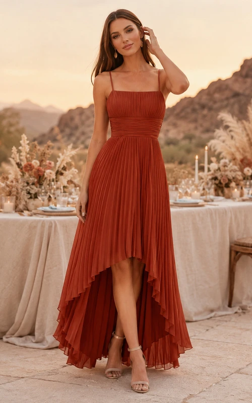 Vermilion Square Strap Pleated Chiffon A Line High Low Desert Guest Dress