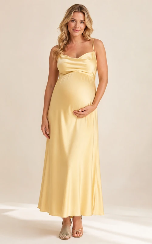 Daffodil Maternity Cowl Neck Spaghetti Strap Satin Empire Ankle Evening Dress