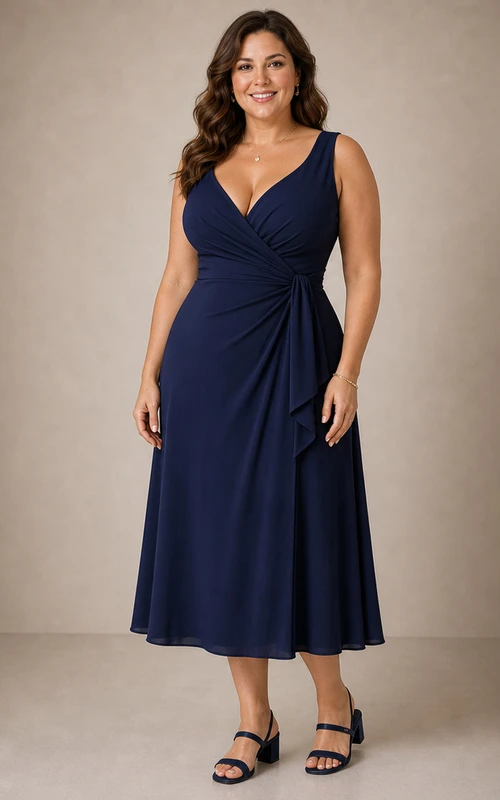 Robe portefeuille bleu marine foncé à col en V et longueur midi, grande taille