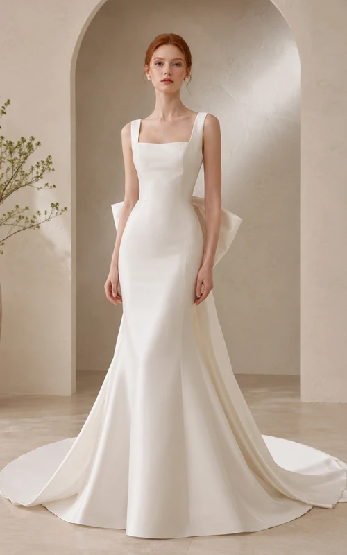 Robe de mariée sirène moderne en satin satiné à col carré et nœud surdimensionné