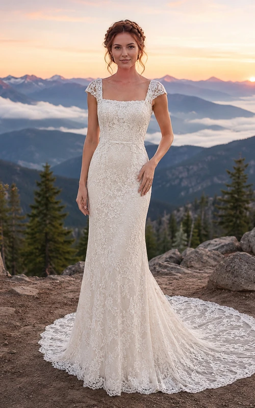 Cap Sleeve Mountain Lace Mermaid Chapel Train Wedding Dress