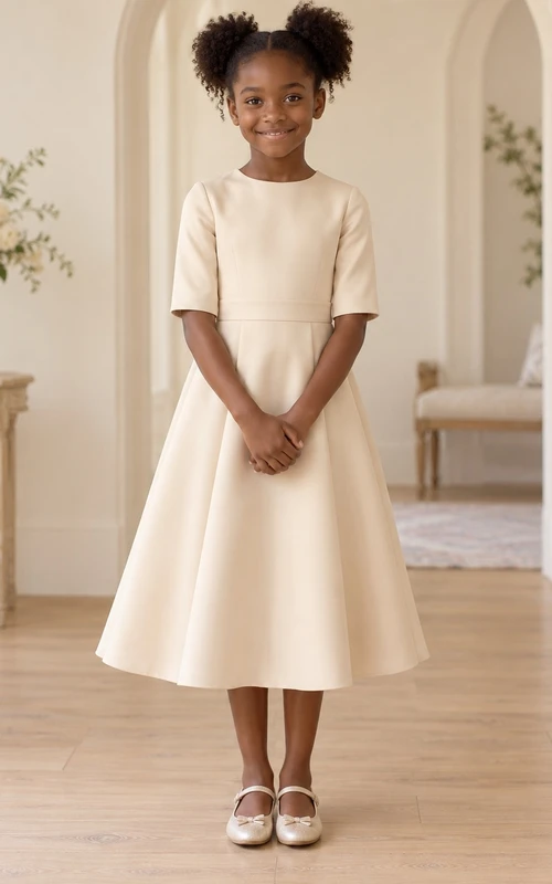 Simple Modest Tea-length Champagne Jewel Half-sleeve Broad-waisted Zipper-back A-line Flower Girl Dress