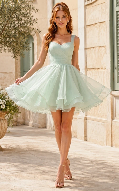 Mintgrünes, tailliertes Minikleid aus Organza mit ausgestelltem Rock und Blütenblattsaum für den Homecoming-Ball.