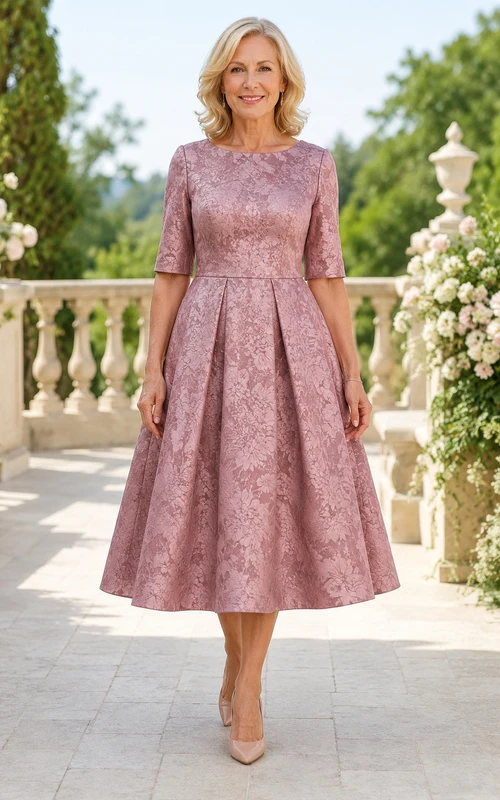 Dusty Rose Tea-Length Jacquard A-Line Mother Dress