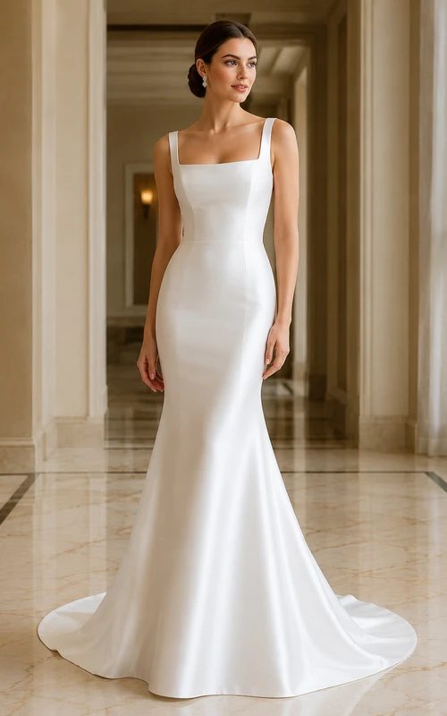 Minimalist Square Neck Sleeveless Satin Mermaid Court Train Modern Wedding Dress