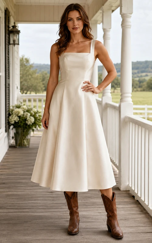 Simple Satin Tea-Length A-Line Square Neck Wedding Dress Modern Casual