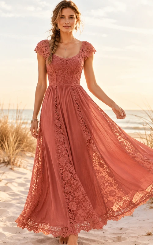 Robe de mariée de plage corail bohème à col en V, manches courtes et dentelle florale, coupe trapèze, longueur au sol