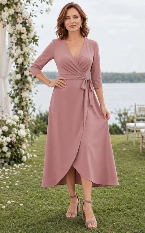 Altrosafarbenes Wickelkleid mit Dreiviertelärmeln, Midi-Länge, Gästekleid