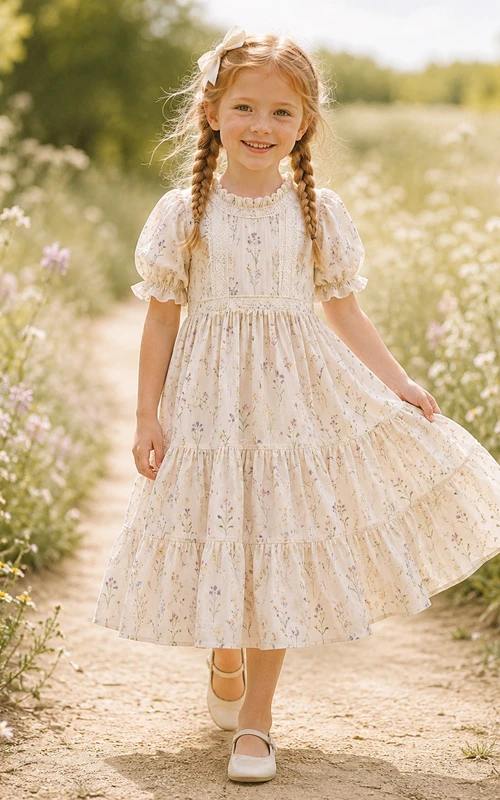 Vestido de niña de flores de algodón estampado color marfil, corte en A, mangas cortas y falda hasta la rodilla.