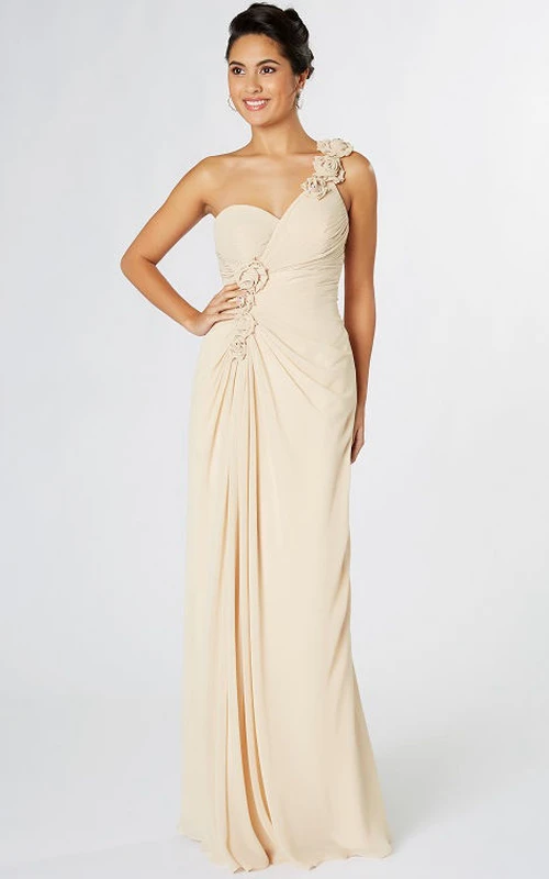 Ärmelloses, einseitig schulterfreies Brautjungfernkleid aus Chiffon mit Blumenmuster