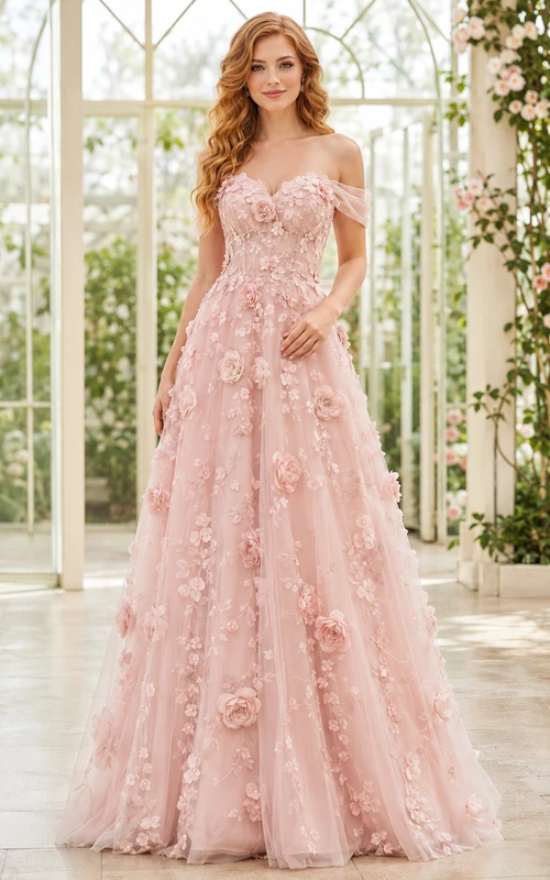 Rosafarbenes, trägerloses Abendkleid aus Tüll in A-Linie mit 3D-Blumenmuster