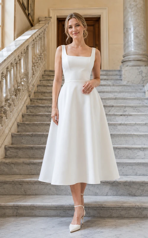 Civil Square Neck Sleeveless Satin A-Line Tea-Length Wedding Dress