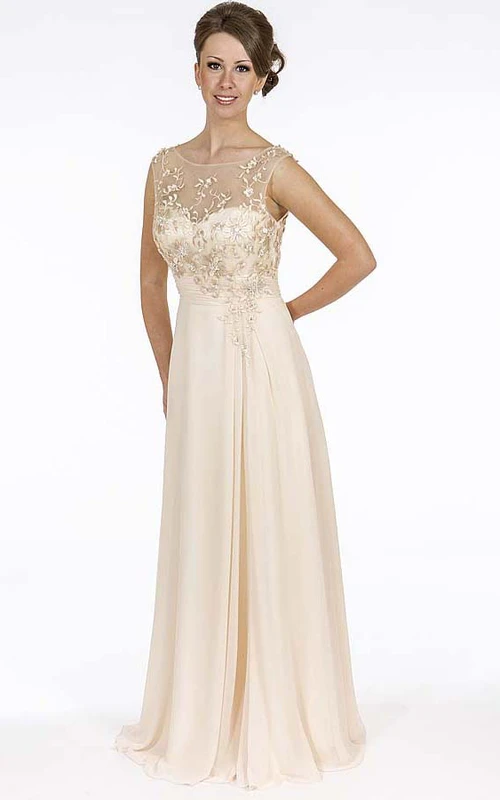 Robe de bal fourreau sans manches en mousseline brodée à col rond et perles, longueur au sol