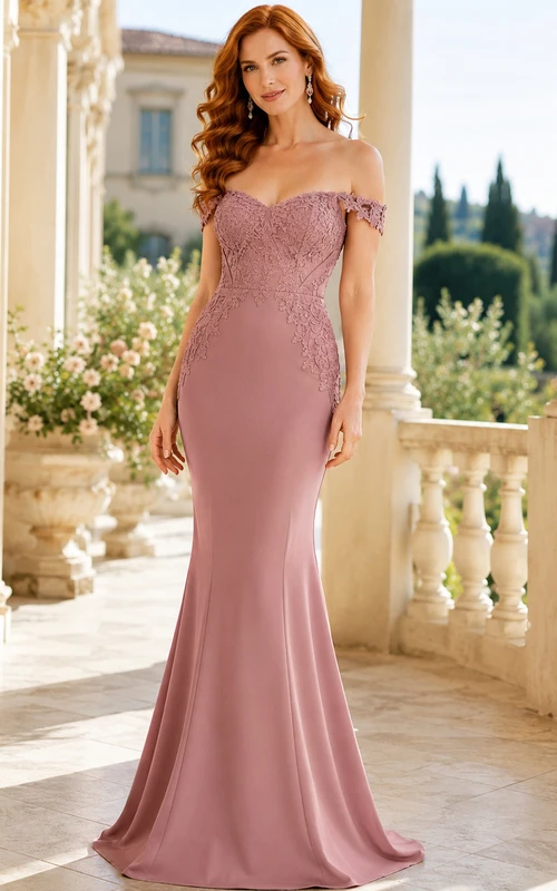 Abendkleid im Meerjungfrauenstil aus Jersey in Altrosa mit schulterfreiem Schnitt
