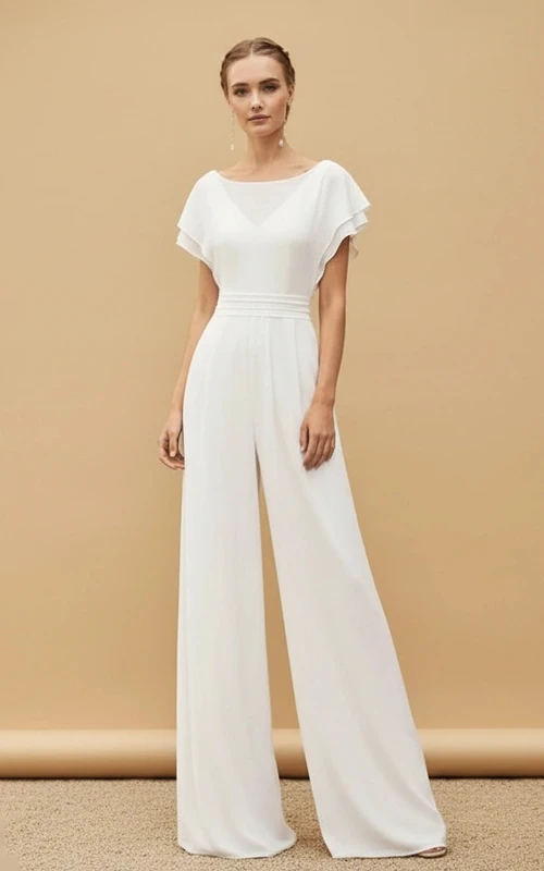 Mono blanco de cuello barco discreto con mangas tipo capa y pantalón palazzo.