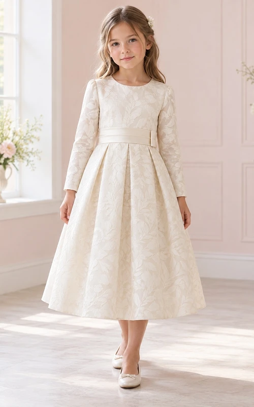 Schlichtes, langärmeliges, cremefarbenes, teelanges Blumenmädchenkleid mit Blattjacquardmuster, Laschengürtel und Falten