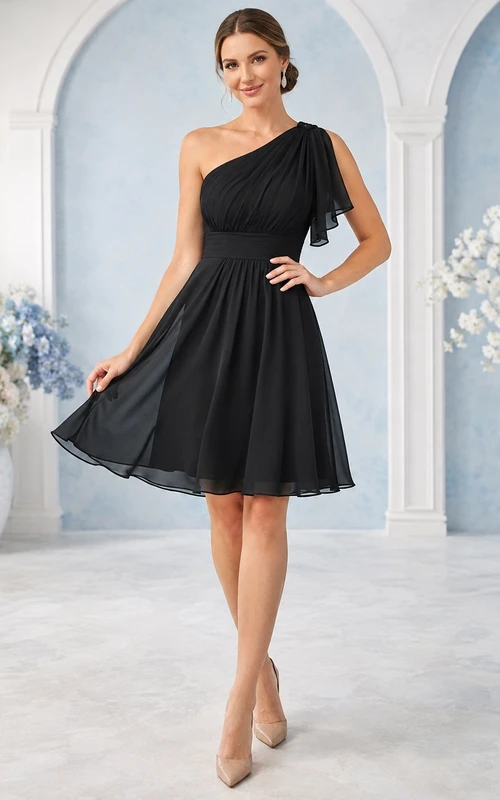 Black One-Shoulder Chiffon Short Sleeve Knee-Length A-Line Cocktail Guest Dress