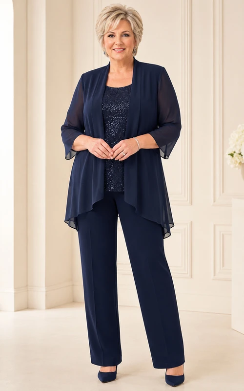Dark Navy Luxury Plus-Size Mother of the Bride Chiffon Pantsuit with Sequined Top and Long Jacket