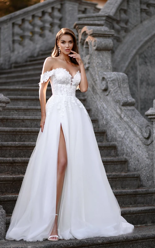 Sweetheart Off-the-shoulder Front Split A-line Lace Ball Gown Wedding Dress
