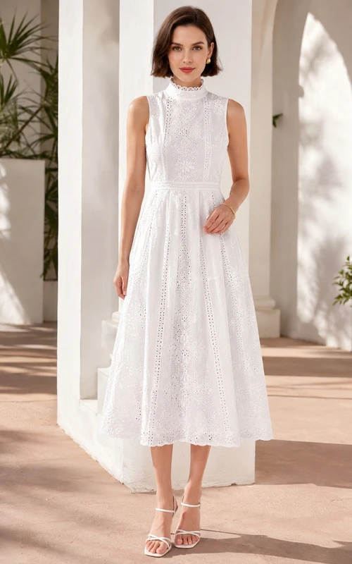 Elegantes, ärmelloses, besticktes A-Linien-Kleid mit hohem Kragen und Teelänge für besondere Anlässe