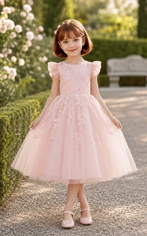Blumenmädchenkleid aus rosafarbener Spitze und Tüll, A-Linie, flatternde Ärmel, Rundhalsausschnitt, Teelänge
