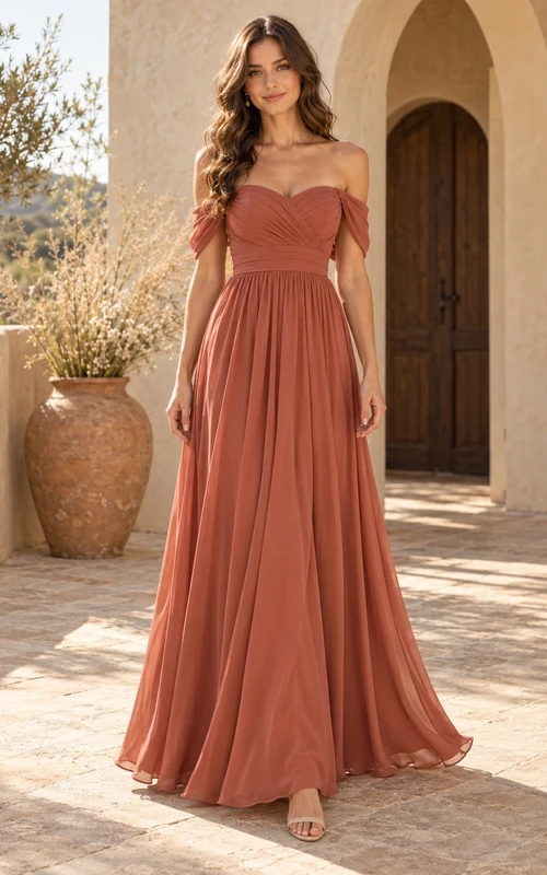 Vestido largo de dama de honor de gasa fruncida con escote corazón y hombros descubiertos, estilo bohemio bermellón