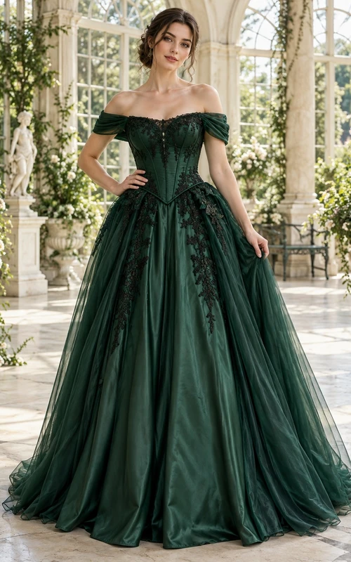 Vestido formal largo hasta el suelo, de satén y tul verde oscuro, con hombros descubiertos y mangas cortas.