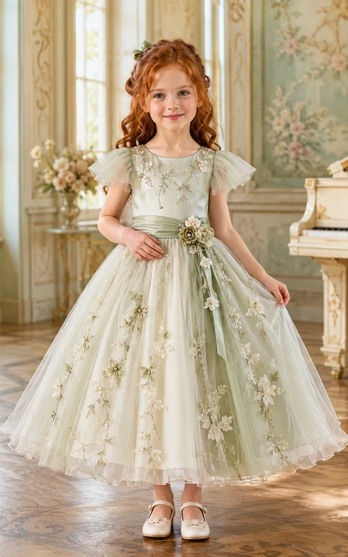 Sage Pleated Cap Sleeve Ankle-Length A-Line Flower Girl Dress with Botanical Embroidery, Floral Waist Cluster and Satin Back Bow
