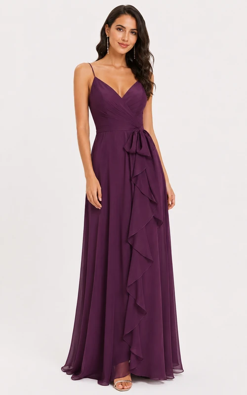 Vestido de fiesta de gasa color ciruela, tirantes finos, escote en V, corte en A, largo hasta el suelo, con volantes y drapeado.