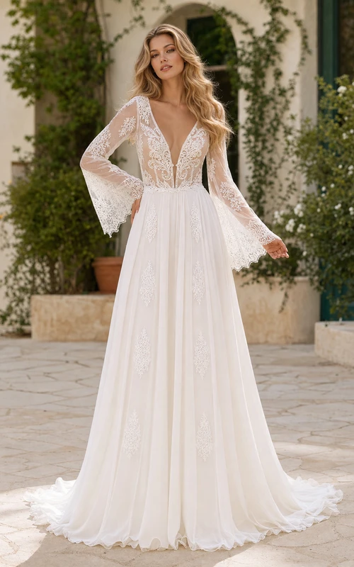 Vestido de novia bohemio de corte A, tul, largo hasta el suelo, manga larga, espalda descubierta y fruncido.