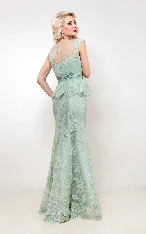 Mermaid Floor-Length Jewel Short Sleeve Lace Ruching Pleats Keyhole Dress